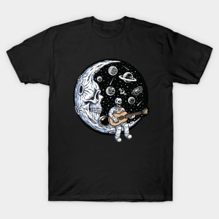 Astronaut playing guitar on skull moon T-Shirt